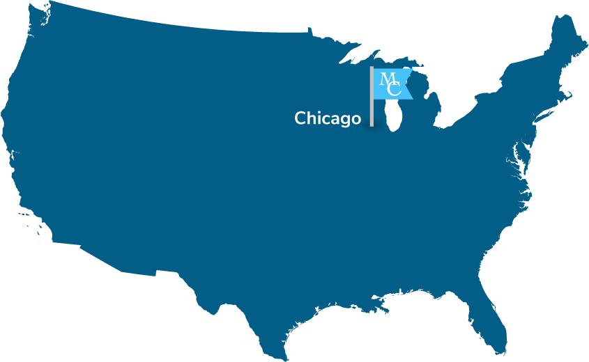 Silhouette map of the United States with a flag of Monroe Capital Corporation in Chicago